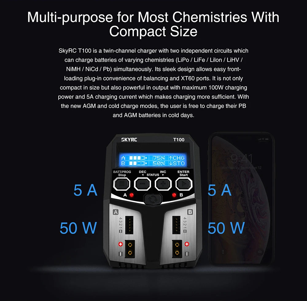 SKYRC T100 AC Lipo Battery Balance Charger Dual 5A 2X50W for 2-4S NiMH / NiCd / LiPo / LiFe / Lilon / LiHV  RC Car Charger