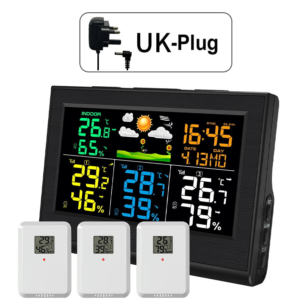 Wireless Weather Station with 3 Sensors 8 Channels 100m Range Indoor/Outdoor Thermometer Hygrometer Alarm Clock for Home Office