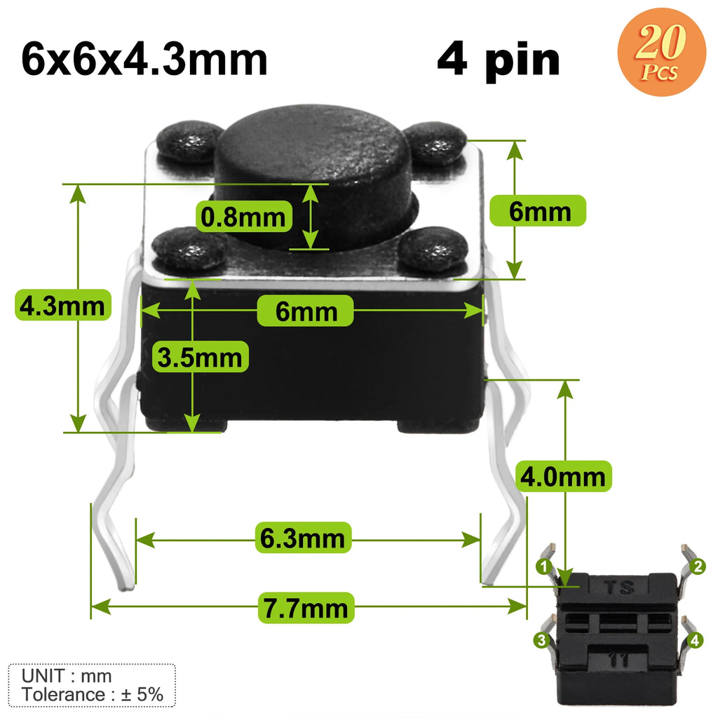 6x6mm Micro Push Switch Touch Button 4.3 5 6 7 mm Mini Tactile Pushbutton Toggle Pcb Momentary 2pin 4pin Push-button for Arduino