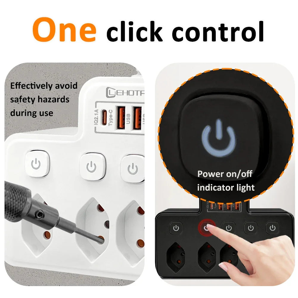 Switzerland AC Plug Independent Switch Multitap Wall Mounted Power Strip With USB Type C Ports Charging Network Filter Adapter