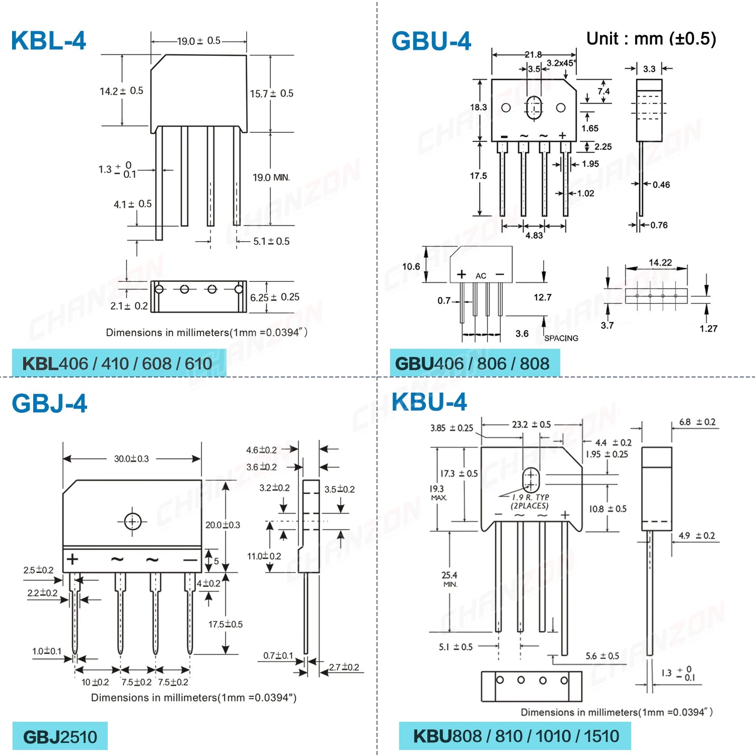 Diode Bridge Rectifier KBP206 KBP210 KBP310 KBL406 KBL410 KBL608 KBL610 KBU808 KBU810 KBU1010 KBU1510 GBU806 GBU808 GBJ2510 600V