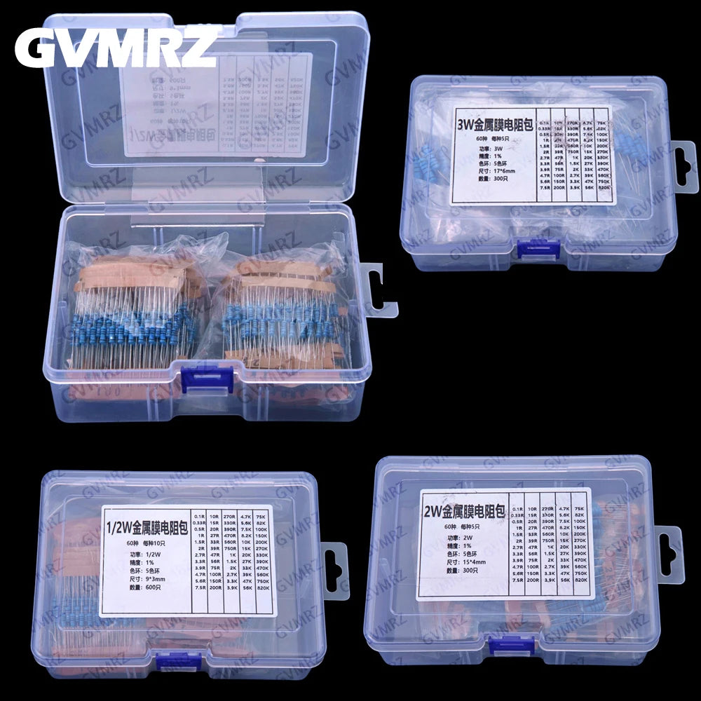 60Values 1/2W 1W 2W 3W 1% Metal film resistors kit dip 0.1R 100R 200R 300R 1K 2K 3K Resistor