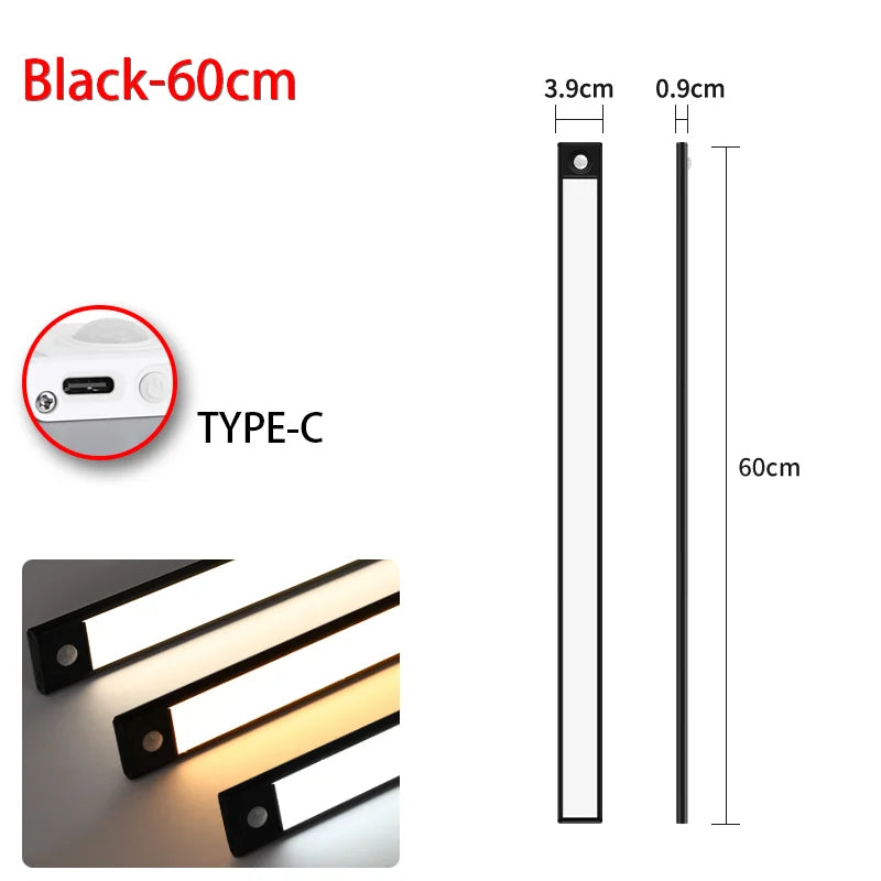 LED Night Light 20/30/40/60CM Motion Sensor Wireless USB Cabinet Night Light Wardrobe Lamp For Kitchen Cabinet Bedroom Wardrobe