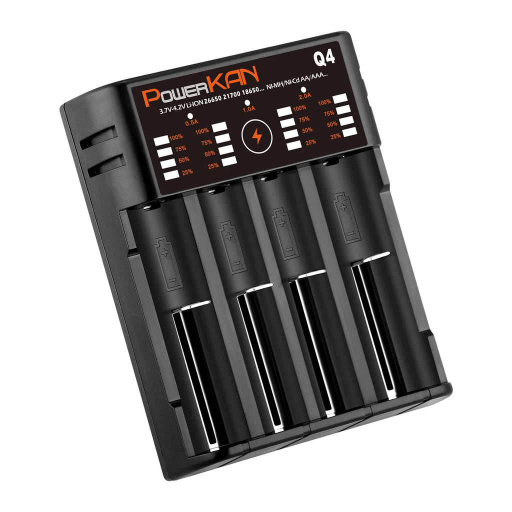 POWERKAN Q4 4-Bay Charger for 1.2V Ni-MH AA AAA & 3.7V Li-ion 18650 26650 Batteries with USB Output