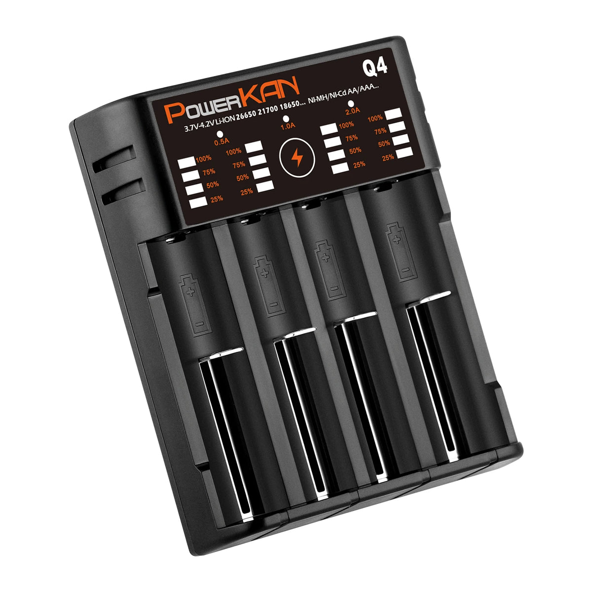 POWERKAN Q4 4-Bay Charger for 1.2V Ni-MH AA AAA & 3.7V Li-ion 18650 26650 Batteries with USB Output