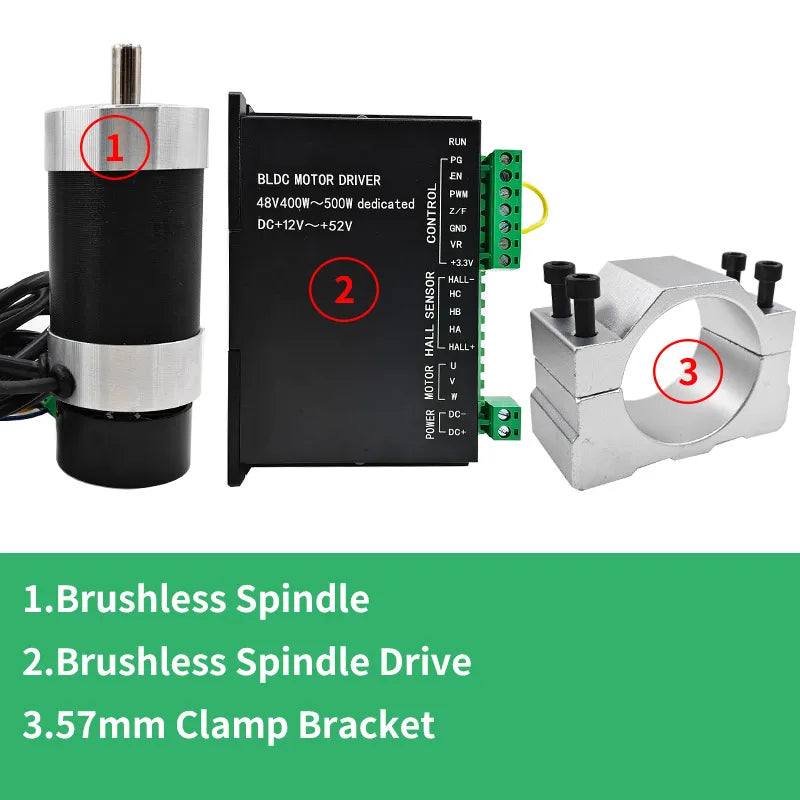 48V 500W ER11 Brushless Spindle+57MM Clamp with Screws+ 48V Brushless Motor Driver+ER11-10mm Built in HALL Sensor
