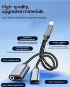 3 in 1 USB C Adapters Type-C to 3.5mm/Type-C Headphones+ Type-C Charging Connector For iPhone 15-17 Xiaomi Huawei Samsung Phones