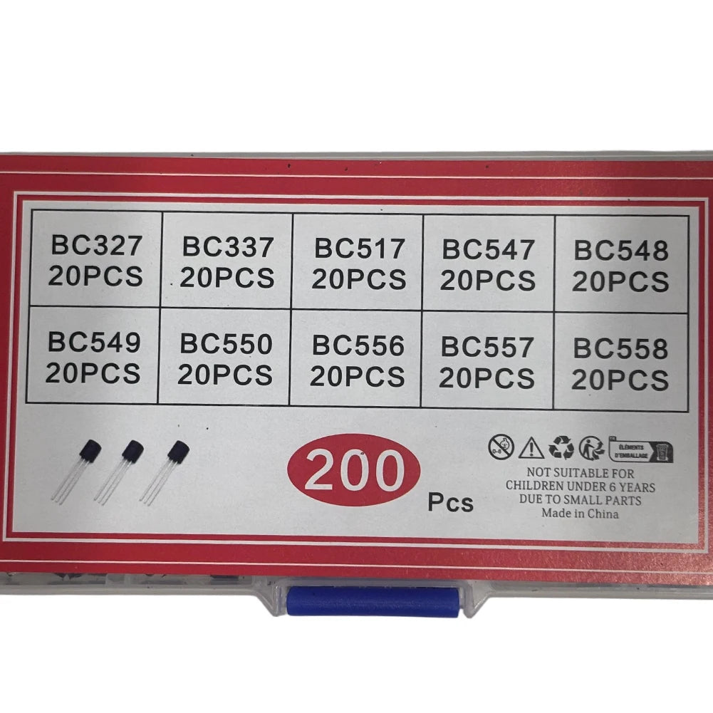 200Pcs Transistor Assortment 10 Values TO-92 Transistor Kit Assortment Box PNP NPN BC547 BC548 BC549 BC550 BC556 BC557