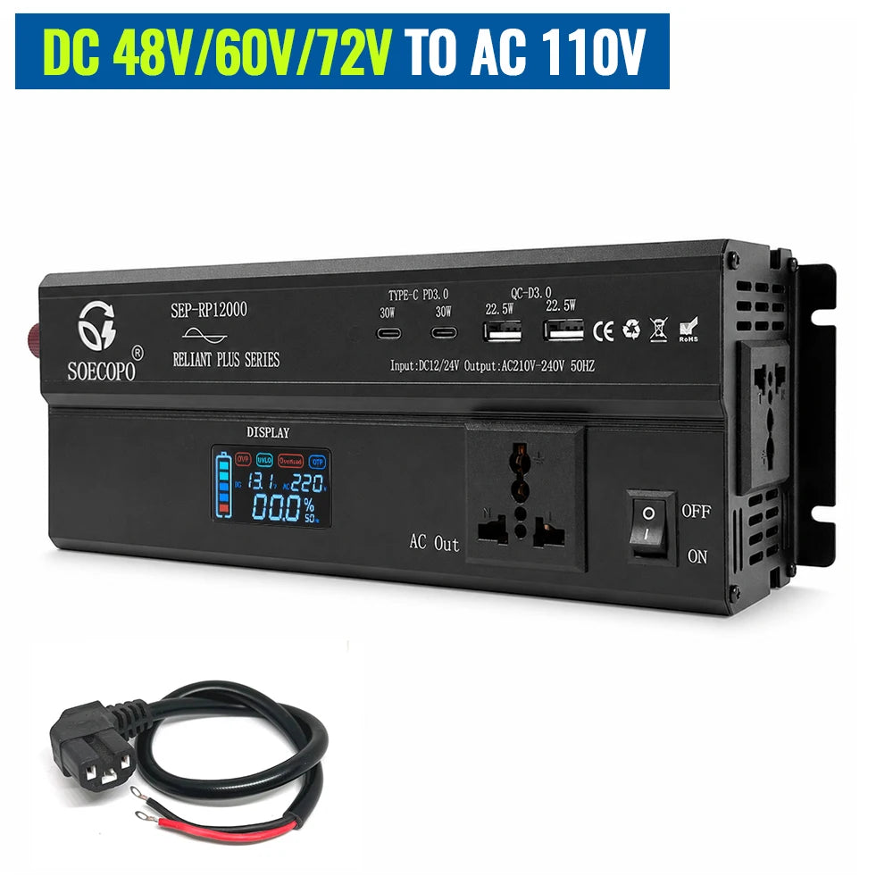 SOECOPO Power Inverter 12000W Peak 12V/24V/48V/60V/72V to 110V 220V Converter 2×PD3.0 Type-C & QC3.0 USB for RV Camping Off-Grid