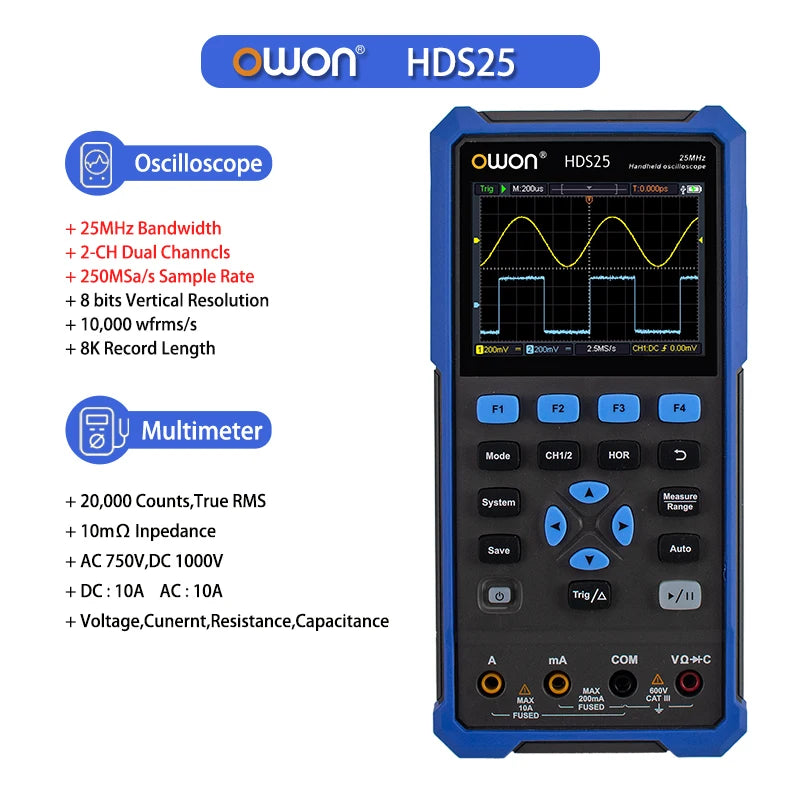 OWON HDS200 Series Handheld Digital Oscilloscope Portable 2CH Multimeter High Precision Electronic Repair Laboratory Test
