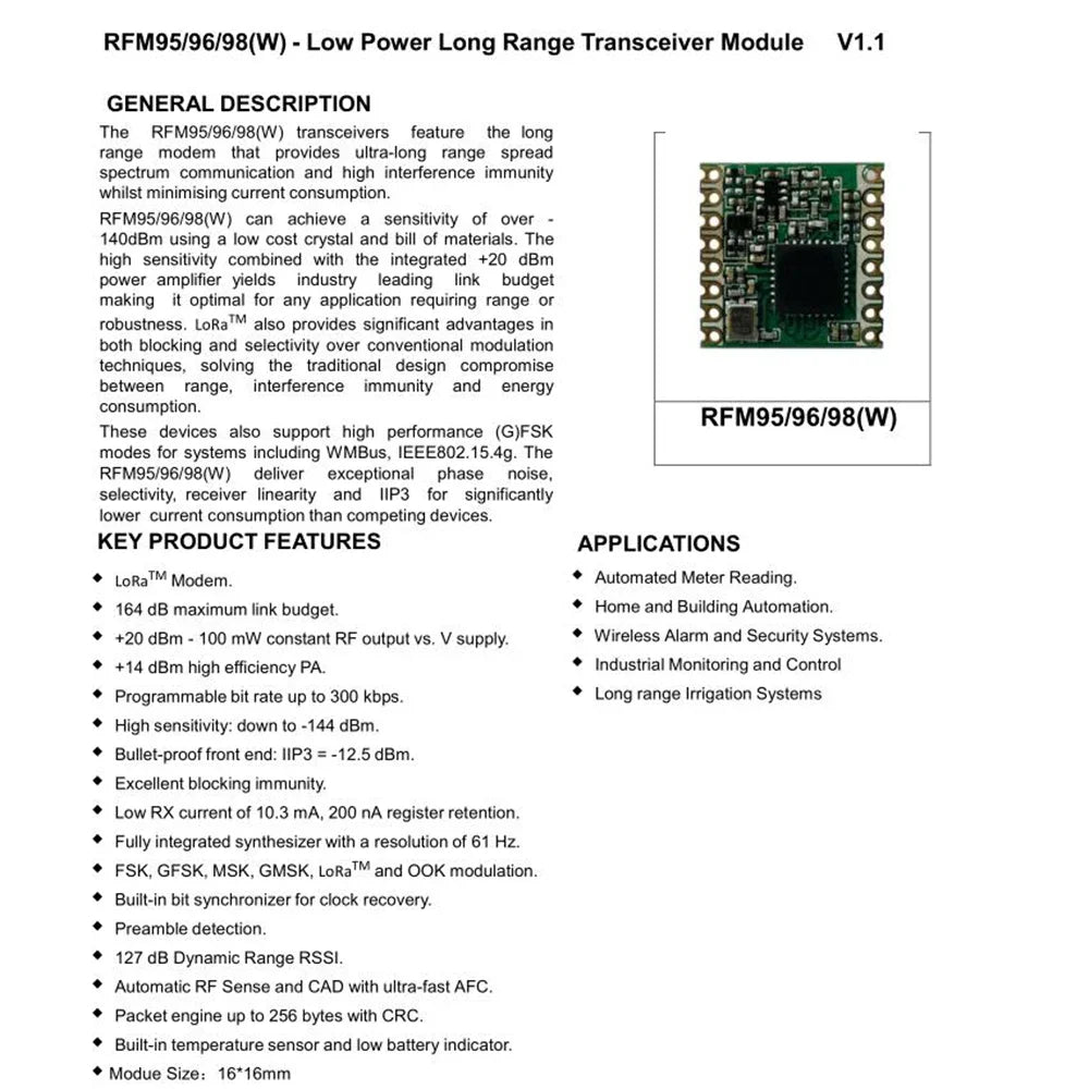 LoRa FSK GFSK 00K RFM95 RFM95W 915Mhz RFM95W-915S2 wireless transceiver module for USA transmission rate 300Kbps SPI interface