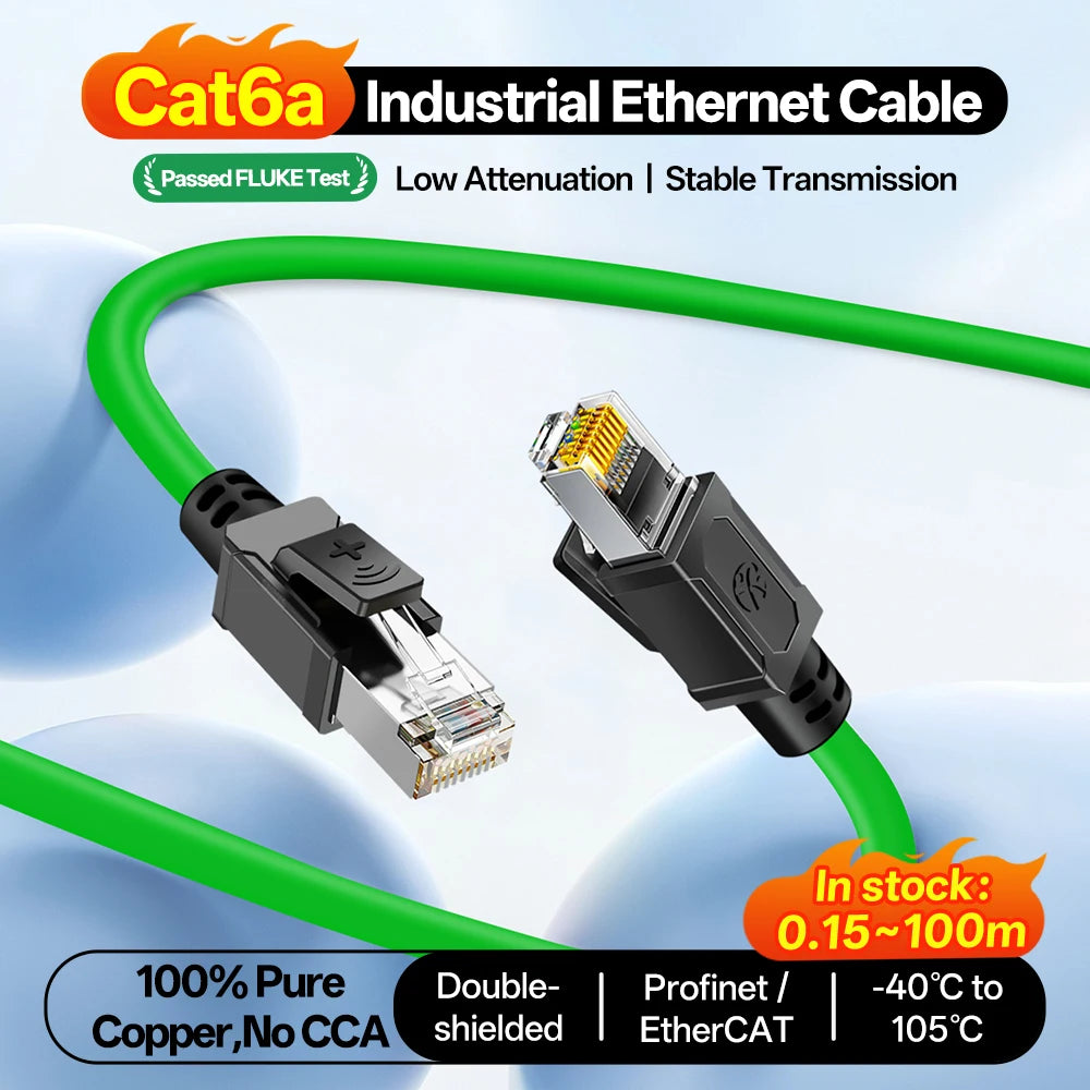 1-100M CAT6a Industrial Ethernet Cable High Flex Pure Copper Gold Plated 26AWG RJ45 Modified PVC Double Shielded Custom Length
