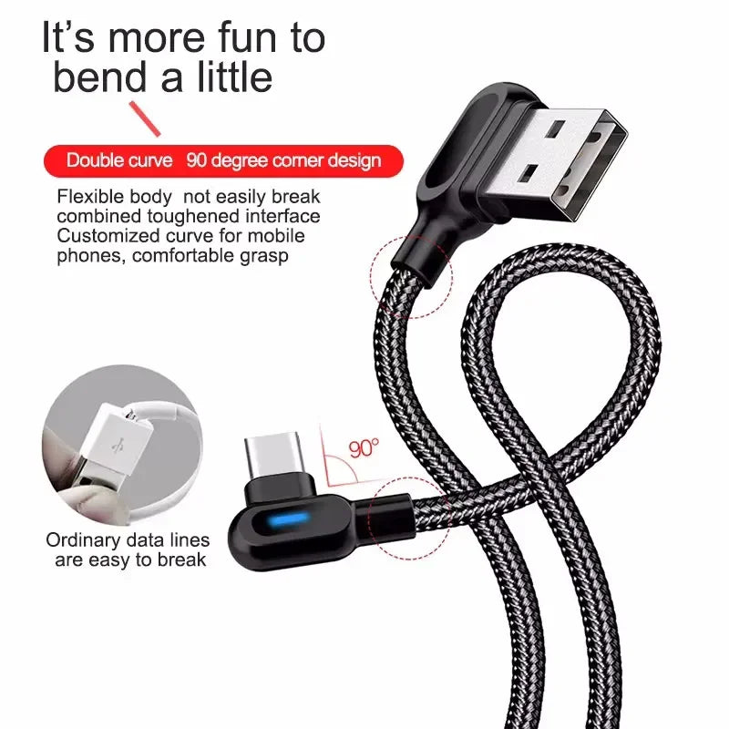 90 Degree USB Type C Cable Fast Charging USB A To Micro Cable For Samsung Xiaomi Huawei Android Phones USB C Data Cable 1M 2M