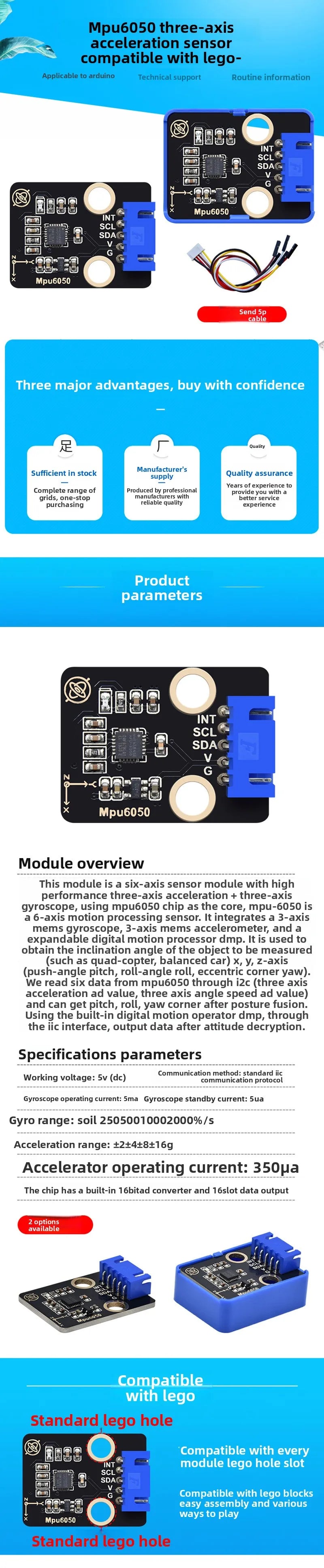 MPU6050 Six Axis Sensor Module 3D Angle 3 Axis Acceleration Gyroscope