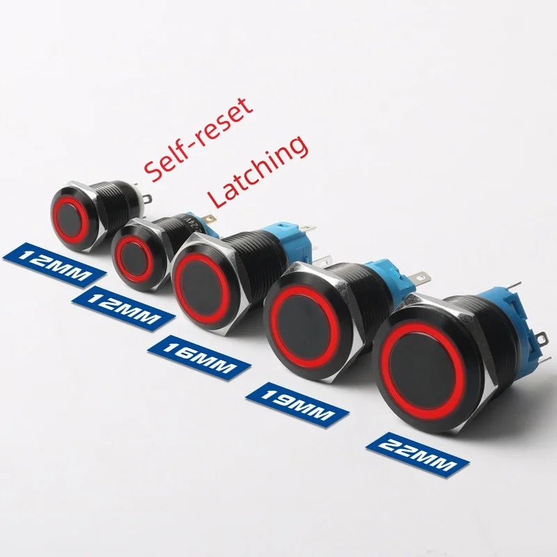 12/16/19/22MM black metal switch button self-locking latching reset power button start stop car motorcycle 6/12/24/220V on off