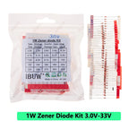 250PCS 25Values 1W Zener Diode Kit 3.0V-33V DO-41 for Voltage Regulation Electronic Projects 33V 12V 20V 13V 15V 24V