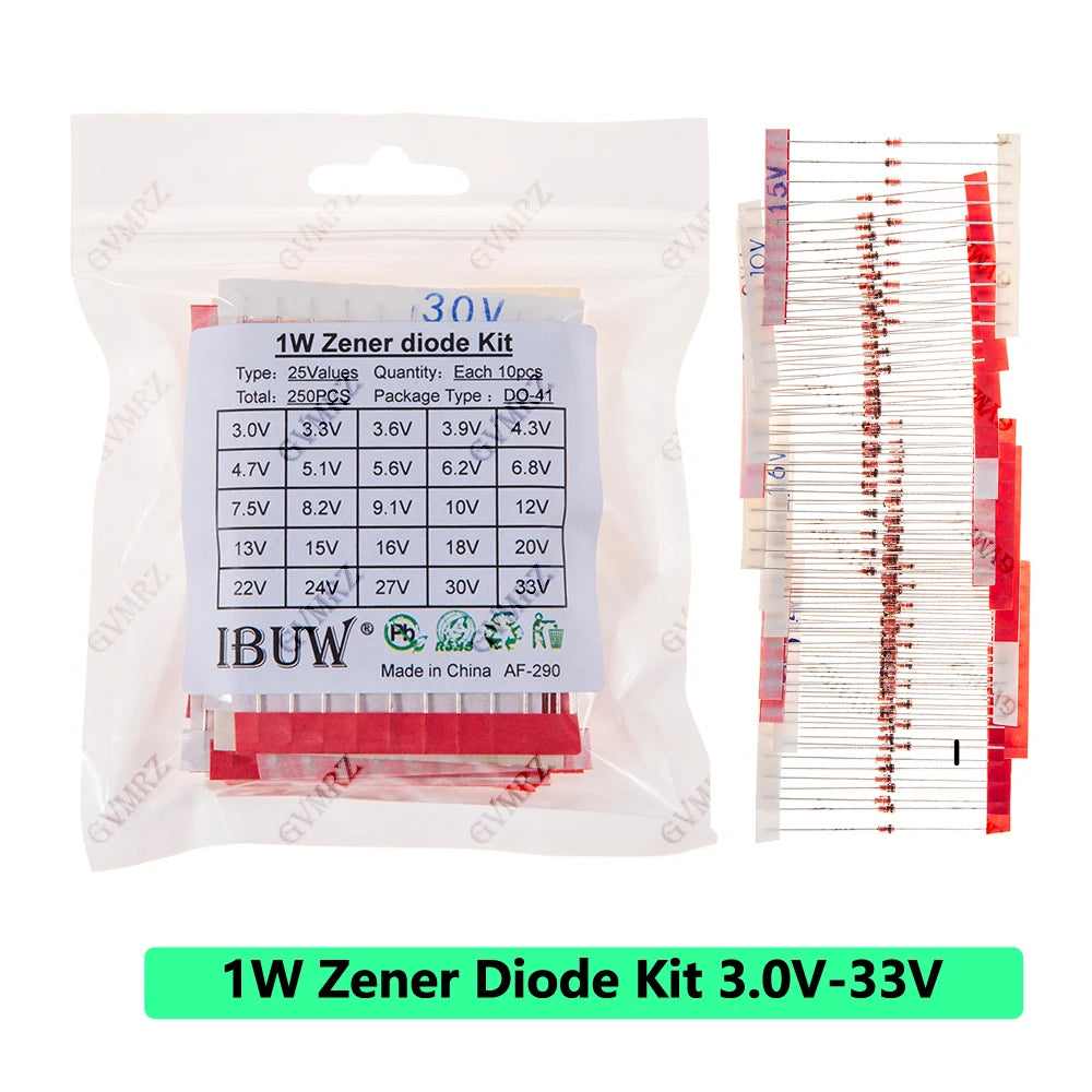 250PCS 25Values 1W Zener Diode Kit 3.0V-33V DO-41 for Voltage Regulation Electronic Projects 33V 12V 20V 13V 15V 24V