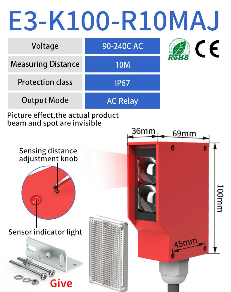 GTRIC Photoelectric Sensor Retro-reflective Square Photoell Infrared Switch IP67 Waterproof 24-220V AC DC Universal 10m Distance