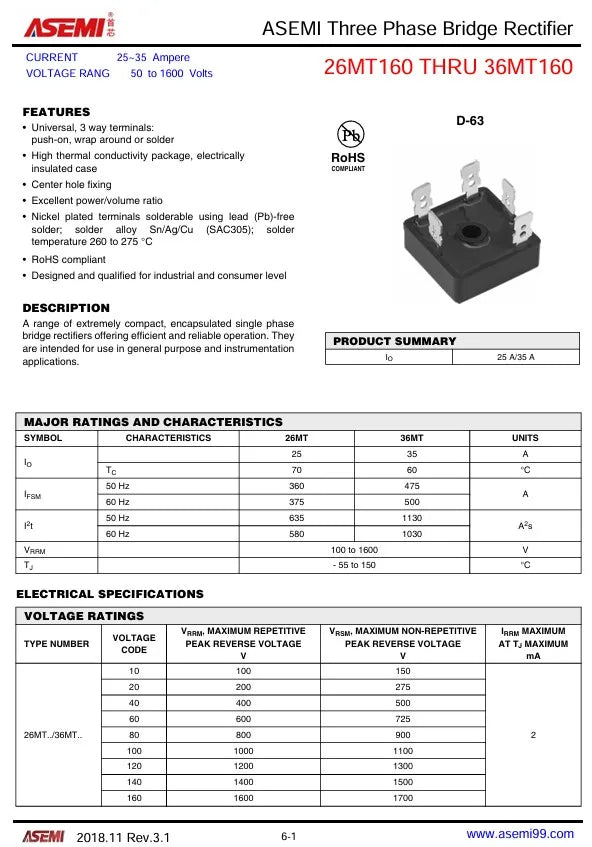 36MT160 3 Phase Bridge Rectifier 35A 1600V ASEMI D-63 Package