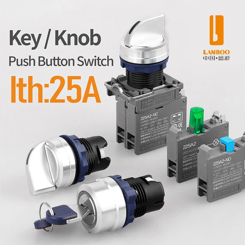 LANBOO 2/3 Gear Key Head Push Button Knob Switch Latching 1NO1NC with Lamp Green Blue 9-24V 110V 220V