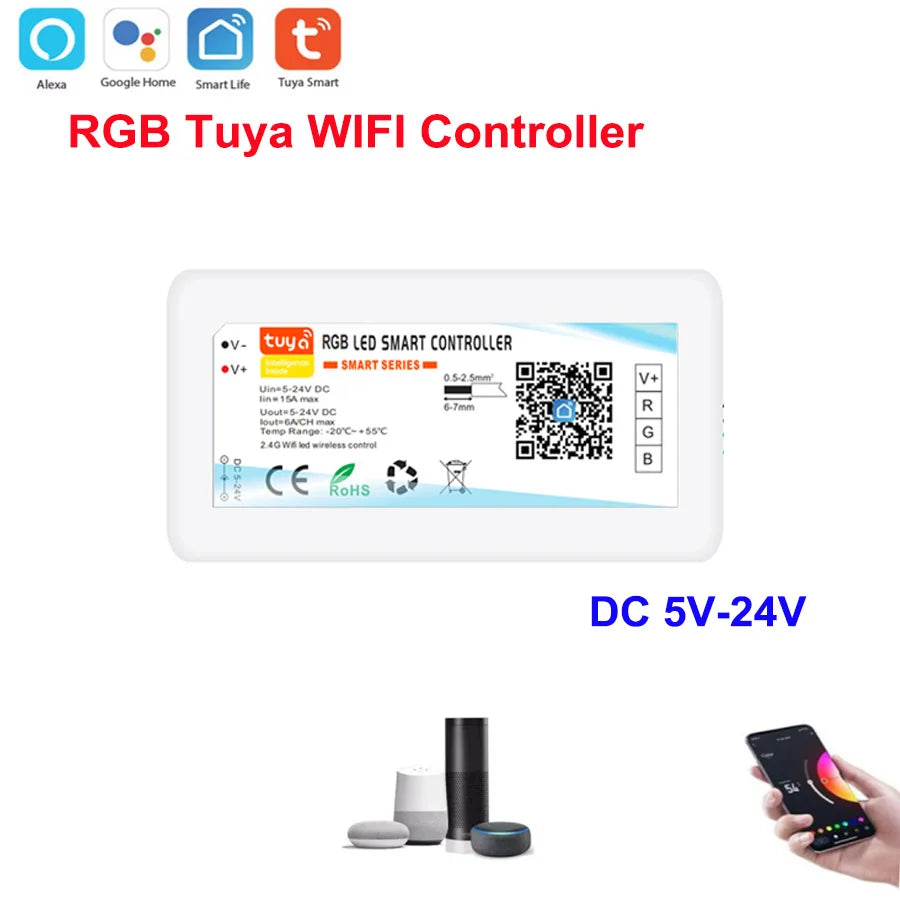 DC5-24V Tuya Wifi Wireless LED Controller Support iOs Android APP Alexa Google Voice Control for DIM CCT RGB RGBW RGBCCT Strip