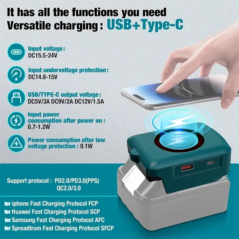 Fast Wireless Charger Adapter for Makita/Milwaukee/Dewalt 18V Battery - with Type C & USB Output, Wireless Phone Charger