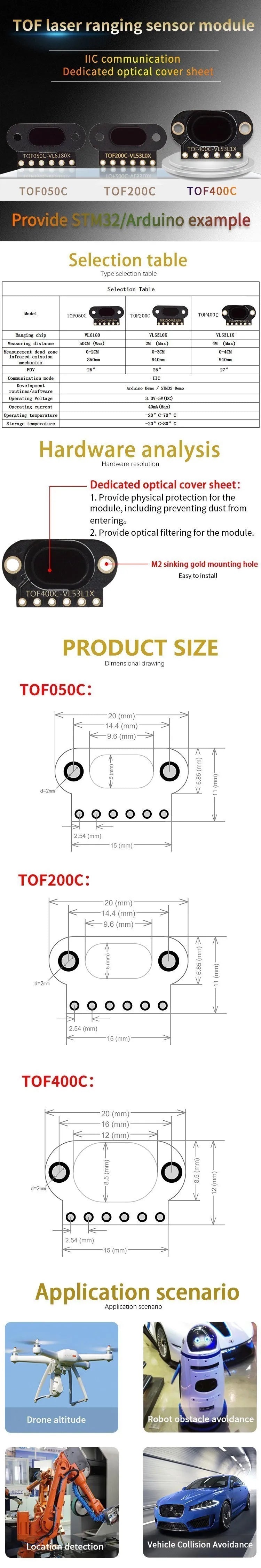 TOF050C 200C 400C Laser Ranging Sensor Module TOF Time-of-flight Distance IIC Output For Arduino VL6180 VL53L0X VL53L1X