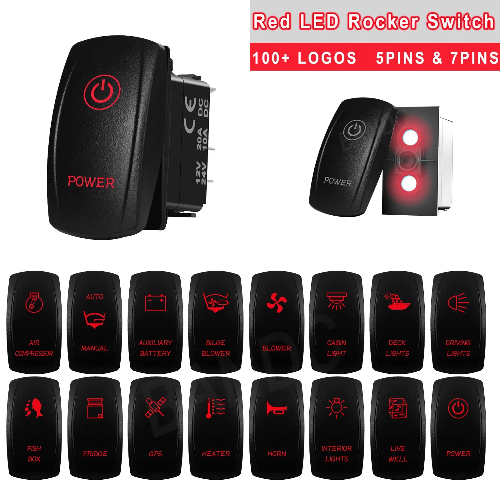 CUSTOM Dual RED Led Laser Etched Rocker Switch ON-OFF ON-OFF-ON (SPST DPDT) for ARB/Carling/NARVA 4x4 Caravan Accessories SUV