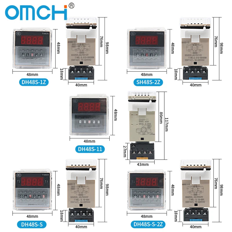 OMCH DH48S-S SPDT Timer Relay with Base DC12V/24V AC110V/220V Models DH48S-1Z/2Z DH48S-11 DH48S-S-2Z for Electrical Engineering