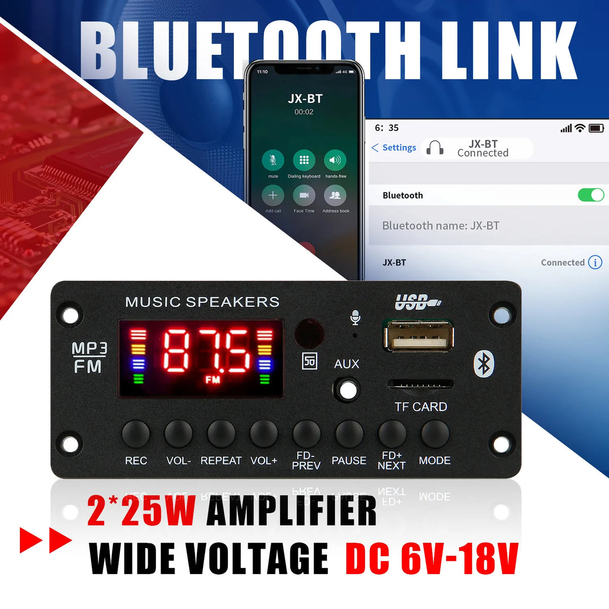 ARUIMEI 50W Amplifier 12V MP3 Decoder Board Bluetooth 5.0 25W Car MP3 Player USB Recording Module FM AUX Radio For Speaker
