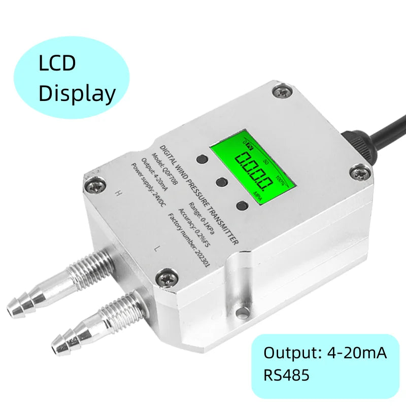 Industrial Air Pressure Transmitter Hvac System LCD Display -30-300Kpa Digital Micro Wind Gas Differential Pressure Transmitter