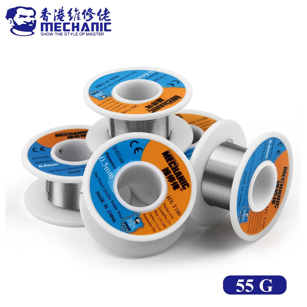 MECHANIC HX-T100 55g Mild Rosin Core 183℃ Melting Point 0.2mm-1.2mm High Purity Solder Wire Welding Flux 1-3% Iron Cable Reel