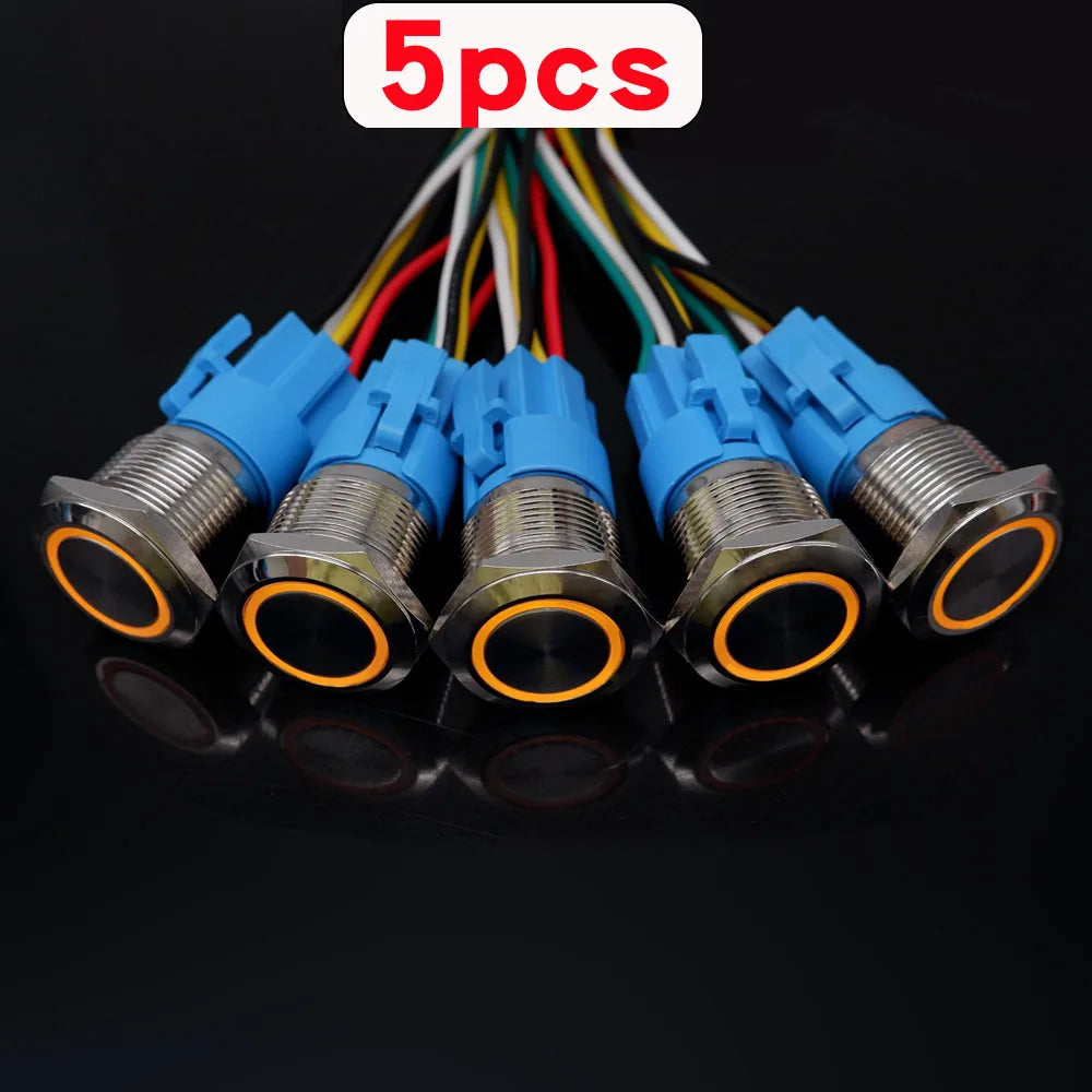 5pcs Metal Push Button Switch Ring Lamp 16mm 19mm 22mm Waterproof LED Light On Off Momentary Latching 5v 12v 24v 220v Red Blue