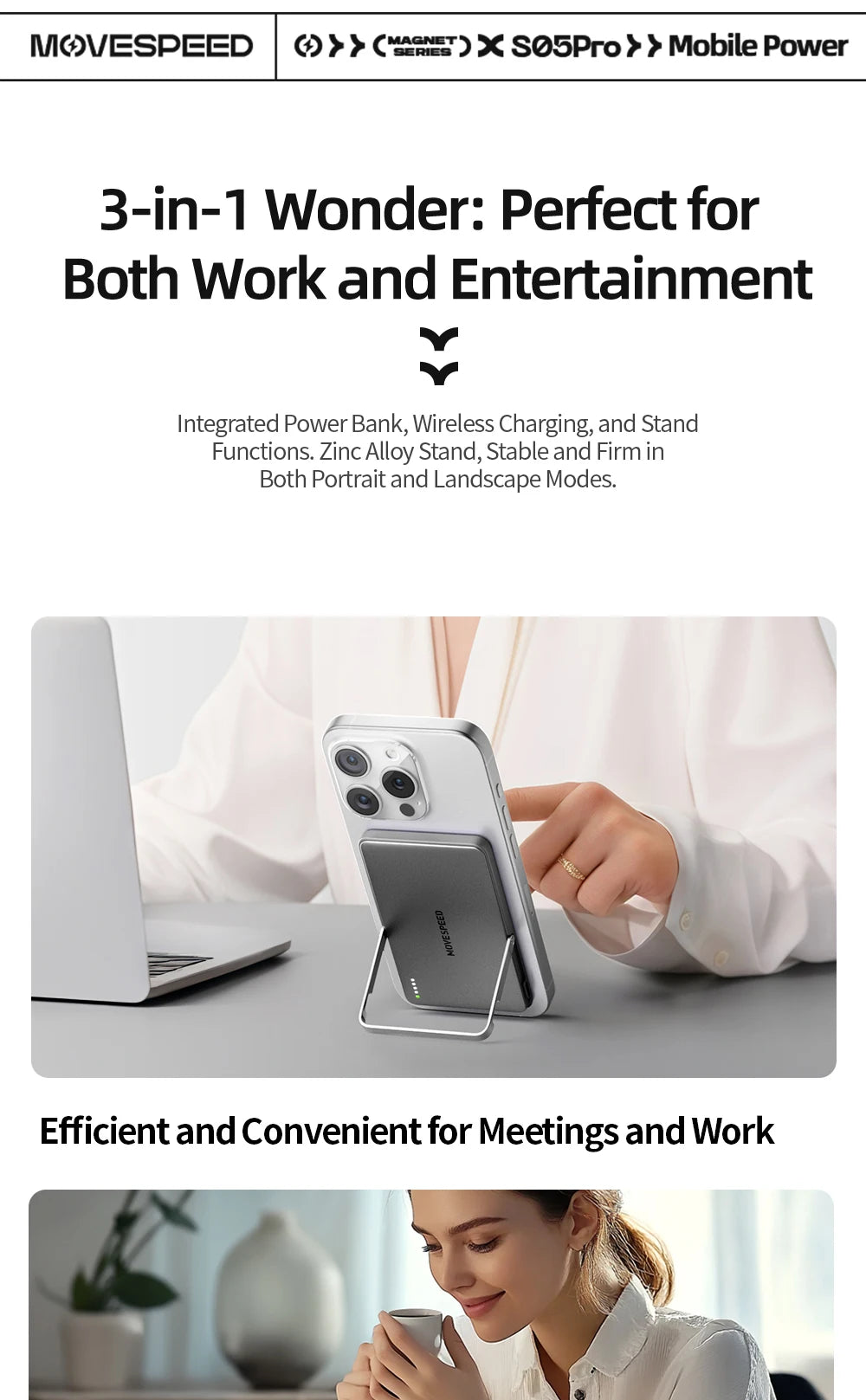 MOVESPEED S05Pro Magnetic Power Bank 5000mAh Wireless External Battery with Stand for MagSafe Powerbank for iPhone 16 15 Samsung