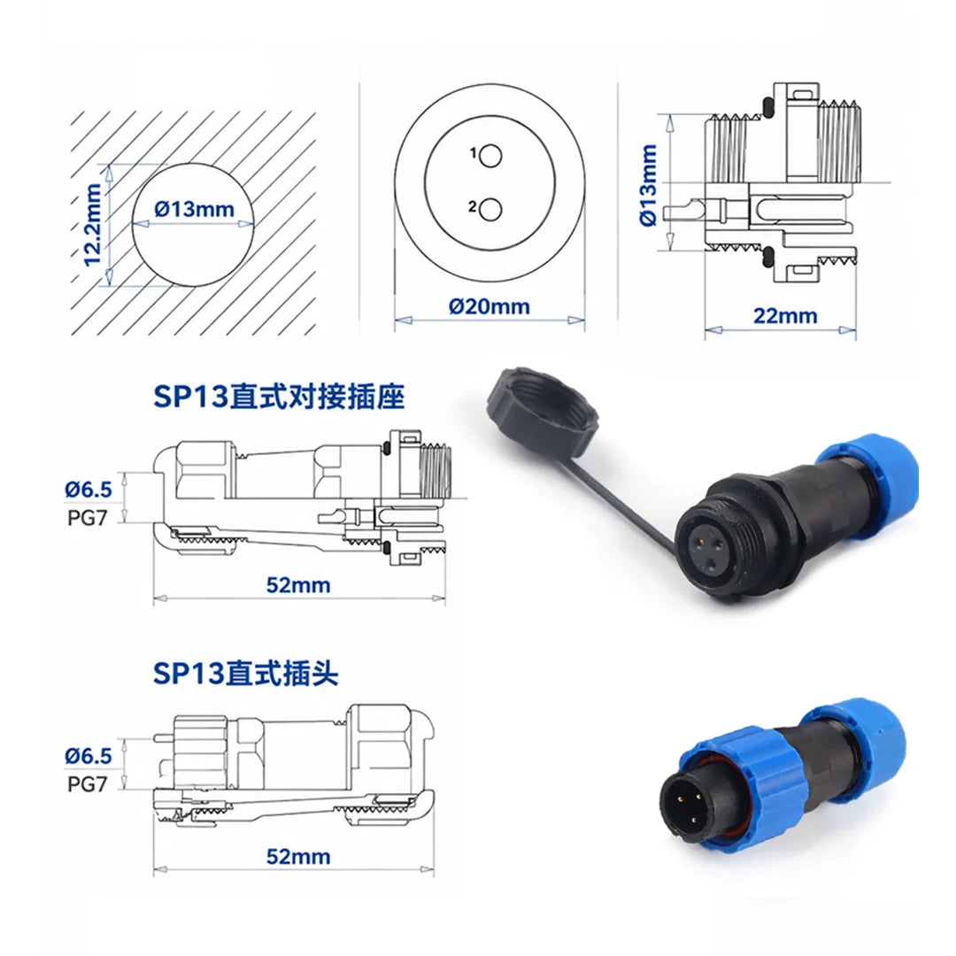 SP13 Waterproof Aviation Connector IP68 Cable to Cable In-line Plug Socket 2 3 4 5 6 7 9 Pin Circular Connector Adapter Kit