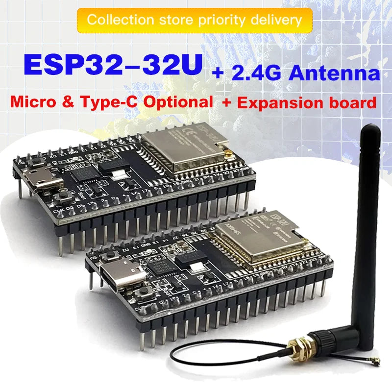 ESP32-WROOM-32U DevKitC WiFi Bluetooth IoT Development Board with 2.4G Antenna & Arduino+ Compatible for Wireless Programming