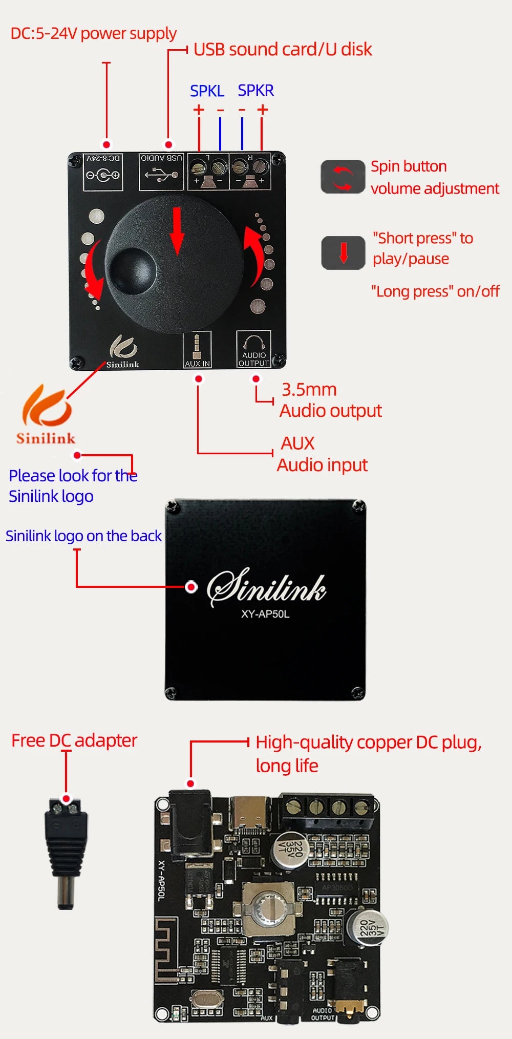 Mini Bluetooth 5.0 50W+50W Dual Channel Audio Power Digital Amplifier Board Stereo Amplifier 3.5MM AUX USB APP XY-AP50L