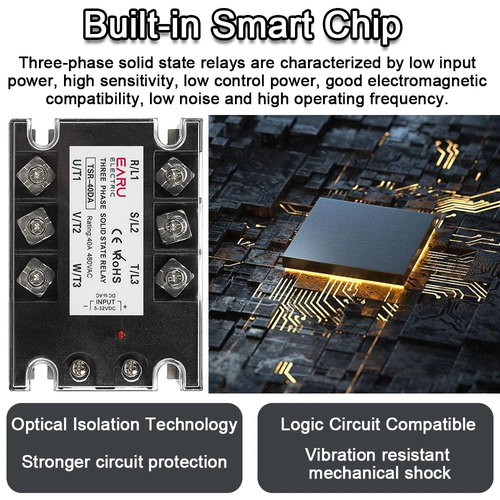 EARU Three Phase DC Control AC Solid State Relay Module SSR 10A 25A 40A 60A 80A 100A 150A 200A 5-32VDC to 24-480VAC Heat Sink