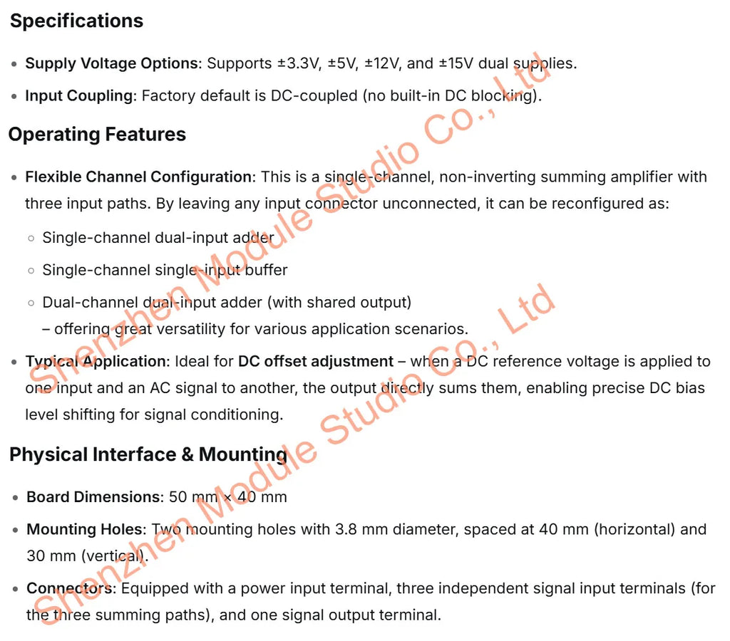 Non-Inverting Summing Amplifier Module 3-Channel Input DC Bias Offset Adjustment Signal Superposition Board
