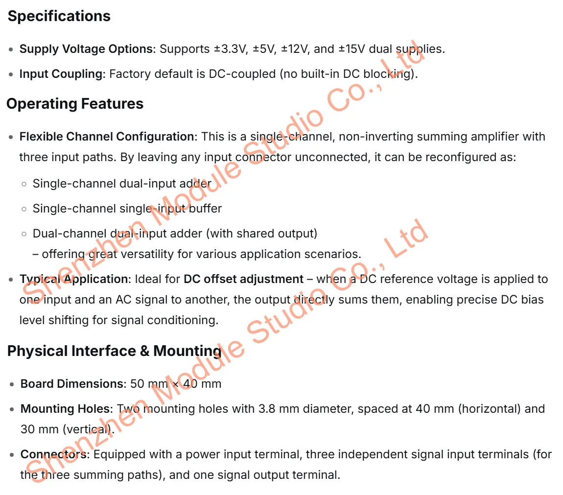 Non-Inverting Summing Amplifier Module 3-Channel Input DC Bias Offset Adjustment Signal Superposition Board