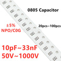 0805 SMD Capacitor 10/22/33/47/68/100/220/330/470/680PF 1/1.5/1.8/2.2/2.7/3.3/3.9/4.7/5.6/6.8/8.2/10/15/22/33NF C0G NPO 500V 5%