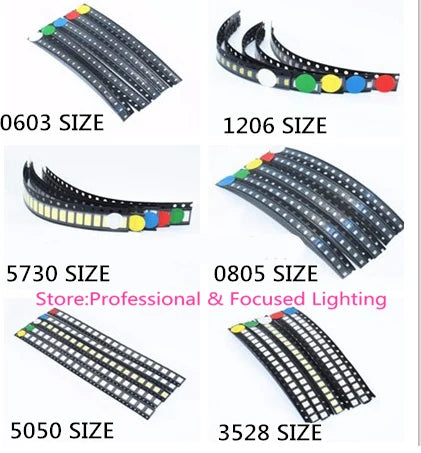 5 x 100pcs/Color=500pcs New 2835 5050 5730 3528 1206 0805 0603 0402 Red/Green/Blue/White/Yellow SMD LED kit