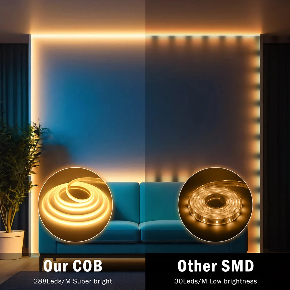 Dimmable Switch 220V COB LED Strip Neon Light Dimmer Power Kit Waterproof 3000K 4000K 6000K 288LED Kitchen Room Decor Flex Lamp