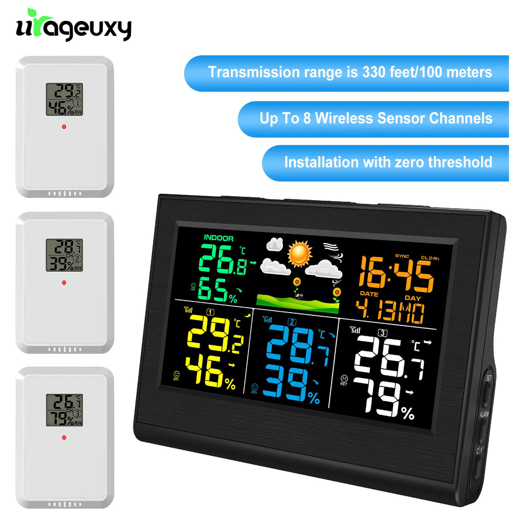 Wireless Weather Station with 3 Sensors 8 Channels 100m Range Indoor/Outdoor Thermometer Hygrometer Alarm Clock for Home Office