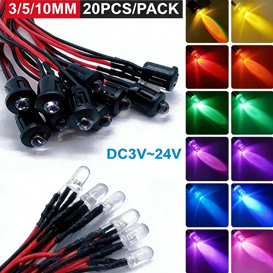 10/20PCS 5mm LED Diode Kit UV Prewired 5V 12 V Light Emitting Indicator RC Lamp Warm White Red Green Blue Yellow Orange Purple P