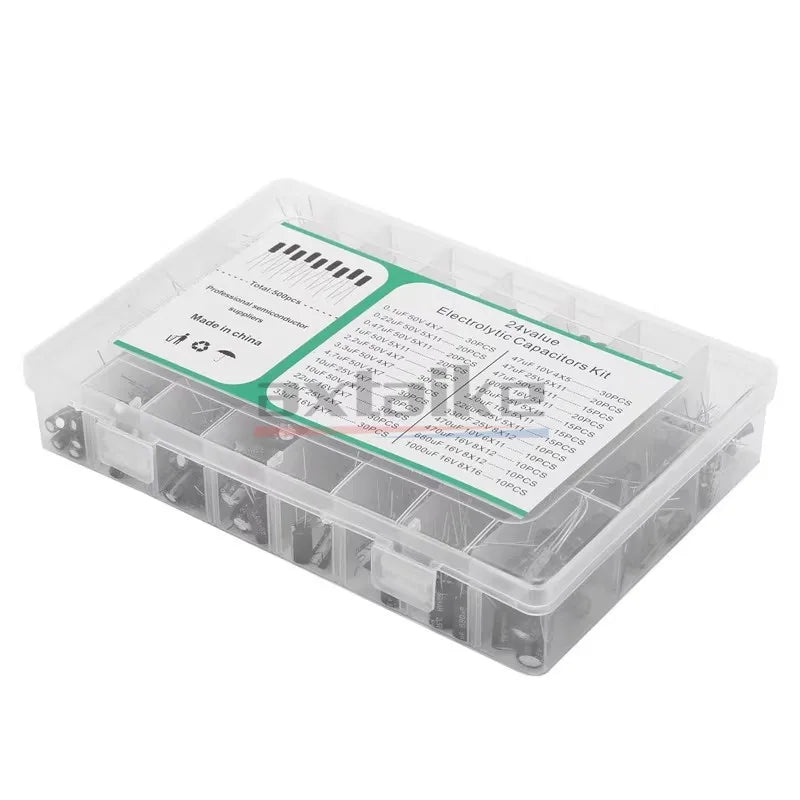 120/200/500Pcs 16V 25V 50V 0.1uF - 1000uF Aluminum Electrolytic Capacitor Assorted Kit Box 1uF 4.7uF 10uF 47uF 220uF 330uF 470uF