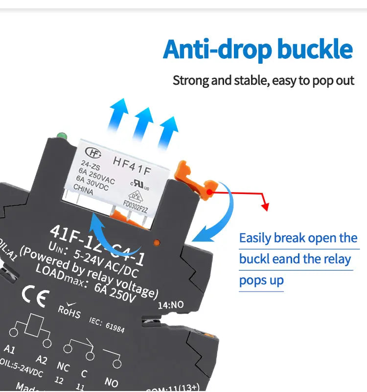 10pcs Slim Relay 5V 12V 24V DIN Rail Mounted Relay Moudle HF 41F SSR 30VDC 250VAC High Frequency Interface Relay With Led 6A