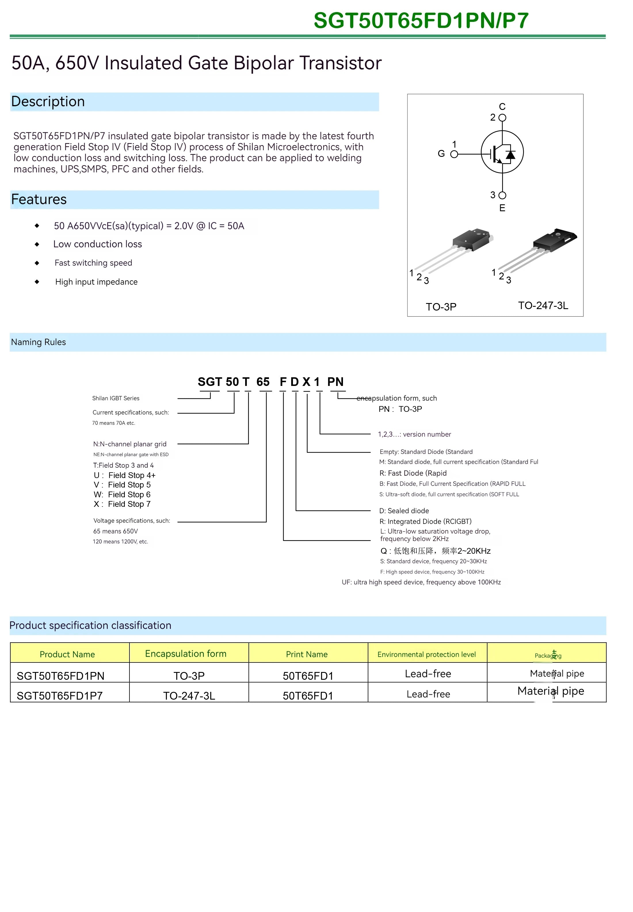 10cs 100% New Original 50T65FD1 IGBT Insulated Gate Bipolar Transistor 50A 650V Apply Welding Machine SMPS SGT50T65FD1PN TO-3P