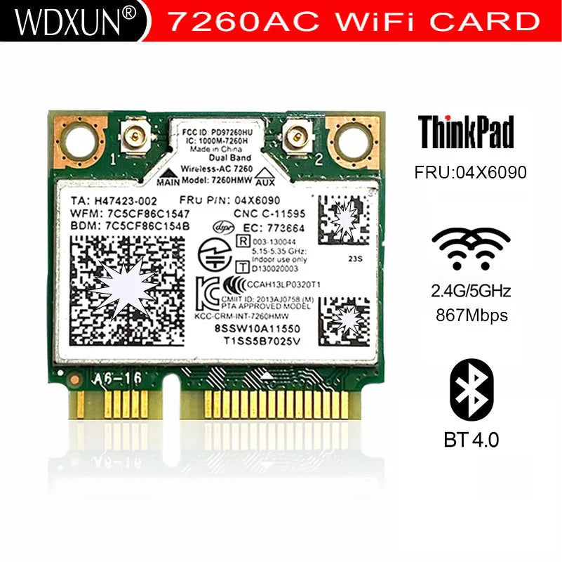 Dual Band Wireless-AC 7260 7260AC 7260HMW Network Card 4.0 Bluetooth Adapter Mini PCI-E 867Mbps for Lenovo 04X6090 04X6010