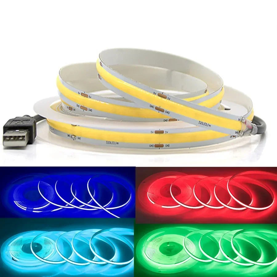 320Leds/M 8mm COB LED Strip DC 12V 24V Flexible High Bright Tape LED Light Bar Ice Blue White Red Green Pink Yellow LED Lighting